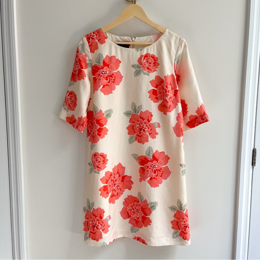[pendleton] silk elbow sleeve floral shift mini dress cream pink 10P